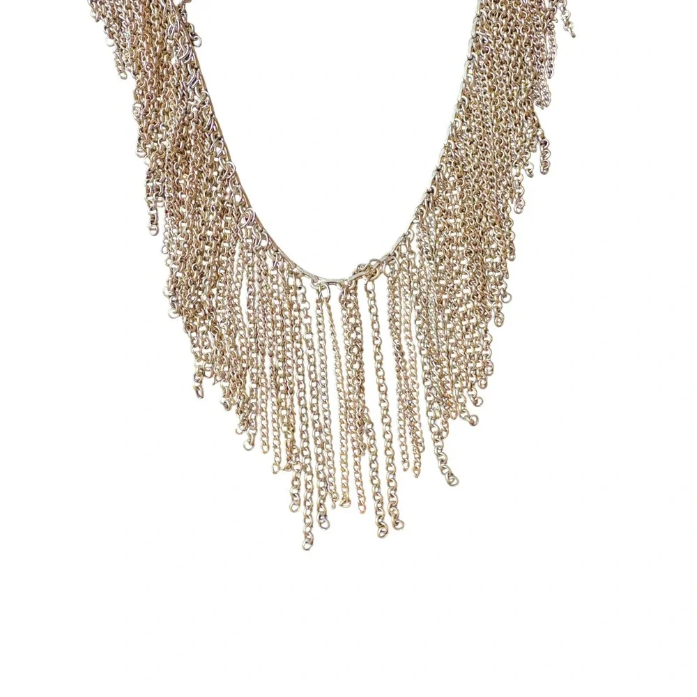 Gold Multi Strand Fringe Bib Statement Necklace Cascading Chain Boho Glam